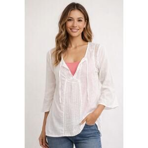 Solitaire Swim White Crochet Tunic Swim Cover Up Boho Top Womens L